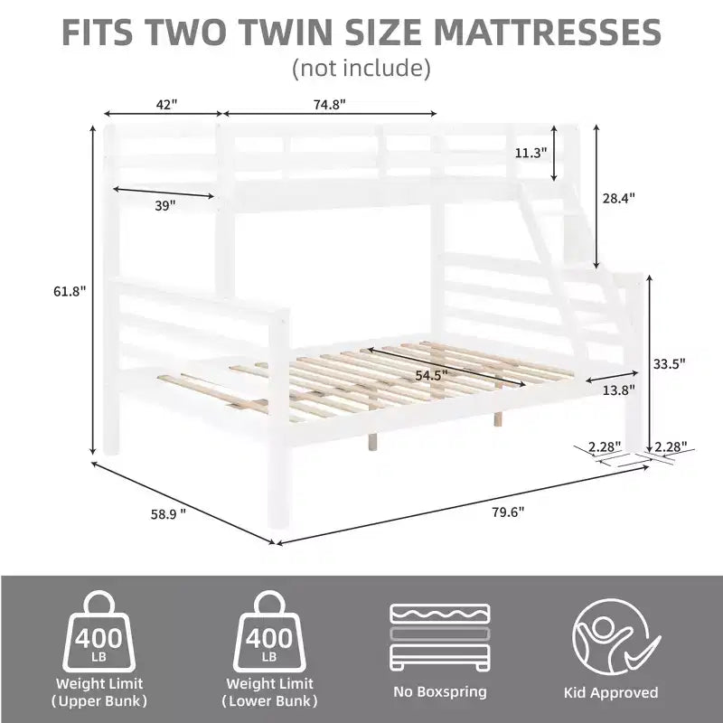 MAYEERTY Letto a castello Twin su Full con scaletta, Struttura letto in legno con sponde alte per bambini, Non richiede rete a doghe/materasso a molle
