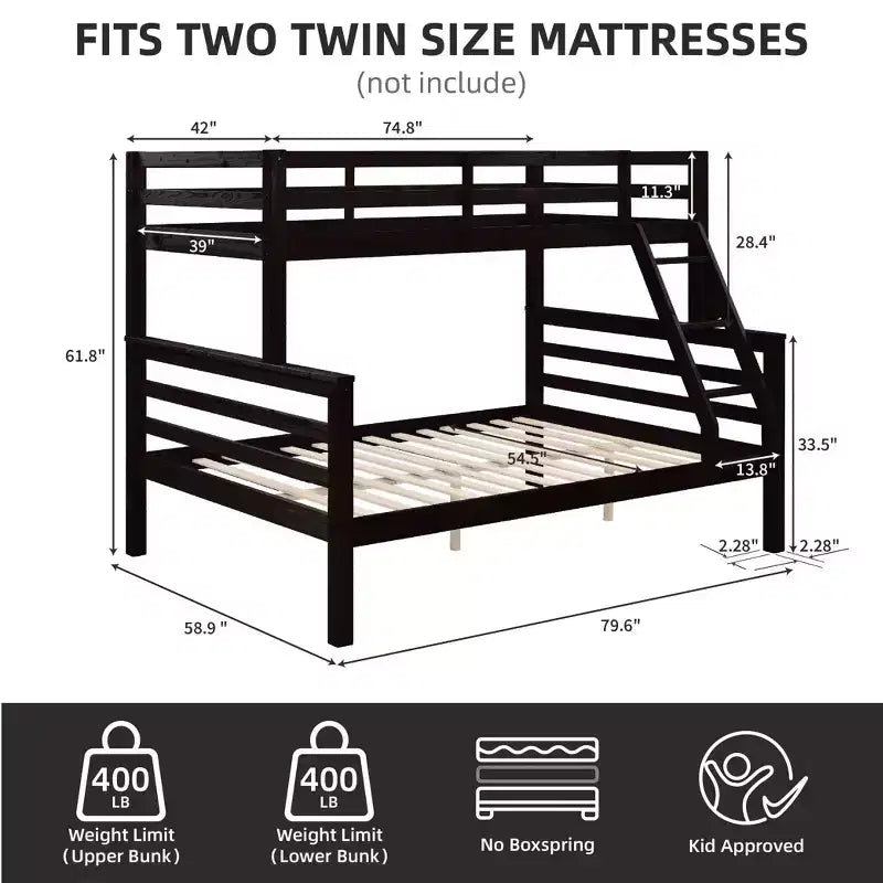 MAYEERTY Letto a castello Twin su Full con scaletta, Struttura letto in legno con sponde alte per bambini, Non richiede rete a doghe/materasso a molle