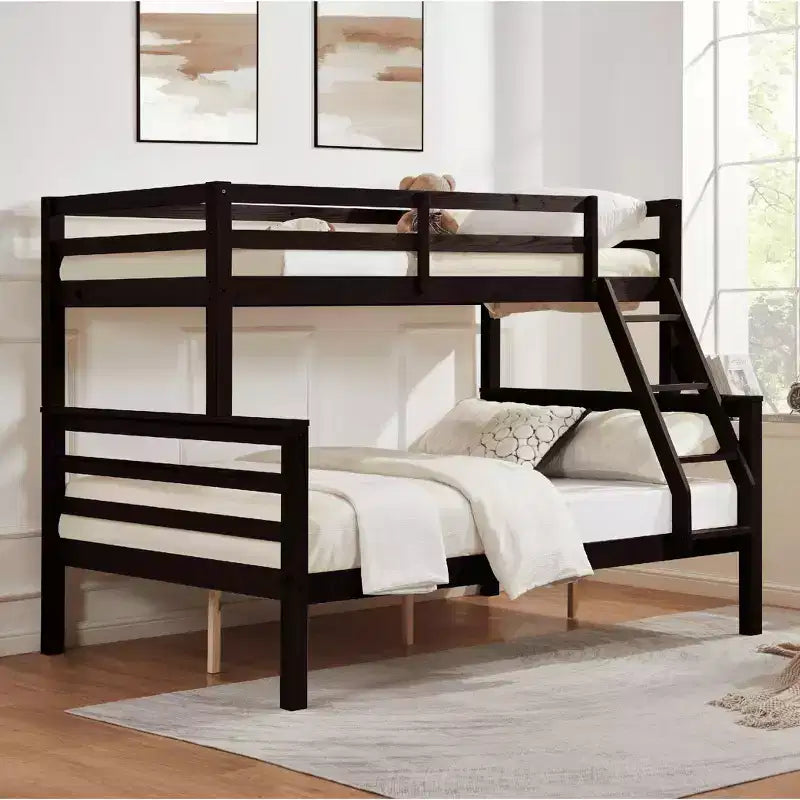 MAYEERTY Twin over Full Bunk Bed with Ladder, Wooden Bed Frame with High Guardrail for Kids, No Box Spring Needed