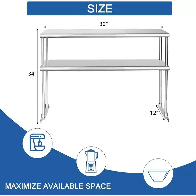 Tavolo da Lavoro in Acciaio Inossidabile Acekool con Alzatina e Ruote, Ripiano Inferiore Regolabile, 30x76/91/122cm, per Cucina, Ristorante, Lavanderia