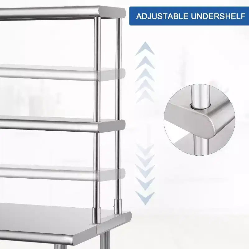 Tavolo da Lavoro in Acciaio Inossidabile Acekool con Alzatina e Ruote, Ripiano Inferiore Regolabile, 30x76/91/122cm, per Cucina, Ristorante, Lavanderia