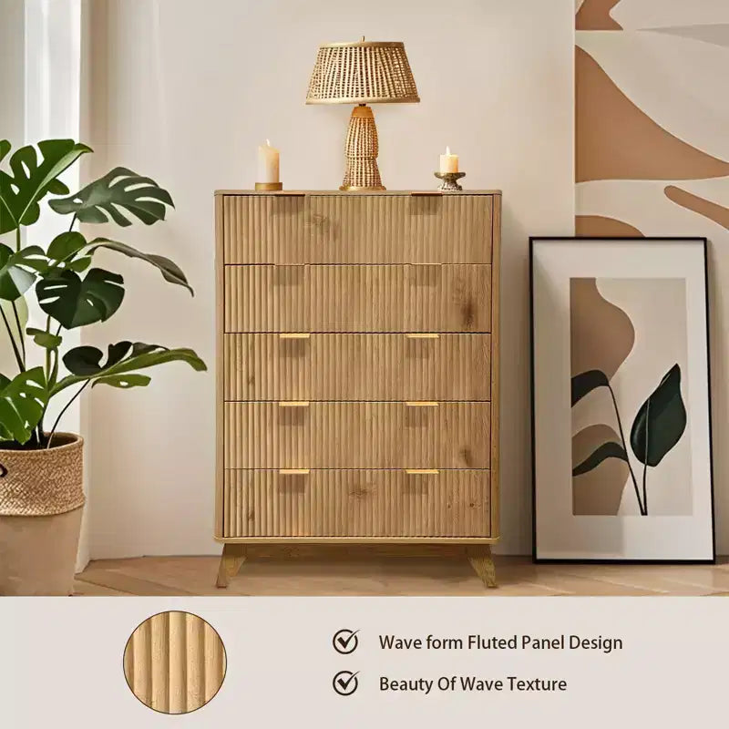 COZONY Cassettiera Alta a 5 Cassetti con Scanalatura a Onda in Legno, Cassettiera Moderna per Soggiorno, Camera da Leto per Bambini, Asilo Nido