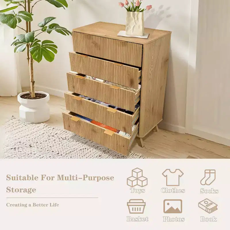 COZONY Cassettiera Alta a 5 Cassetti con Scanalatura a Onda in Legno, Cassettiera Moderna per Soggiorno, Camera da Leto per Bambini, Asilo Nido