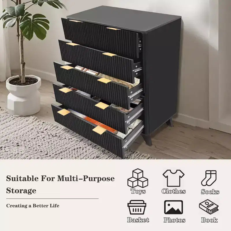 COZONY Cassettiera Alta a 5 Cassetti con Scanalatura a Onda in Legno, Cassettiera Moderna per Soggiorno, Camera da Leto per Bambini, Asilo Nido