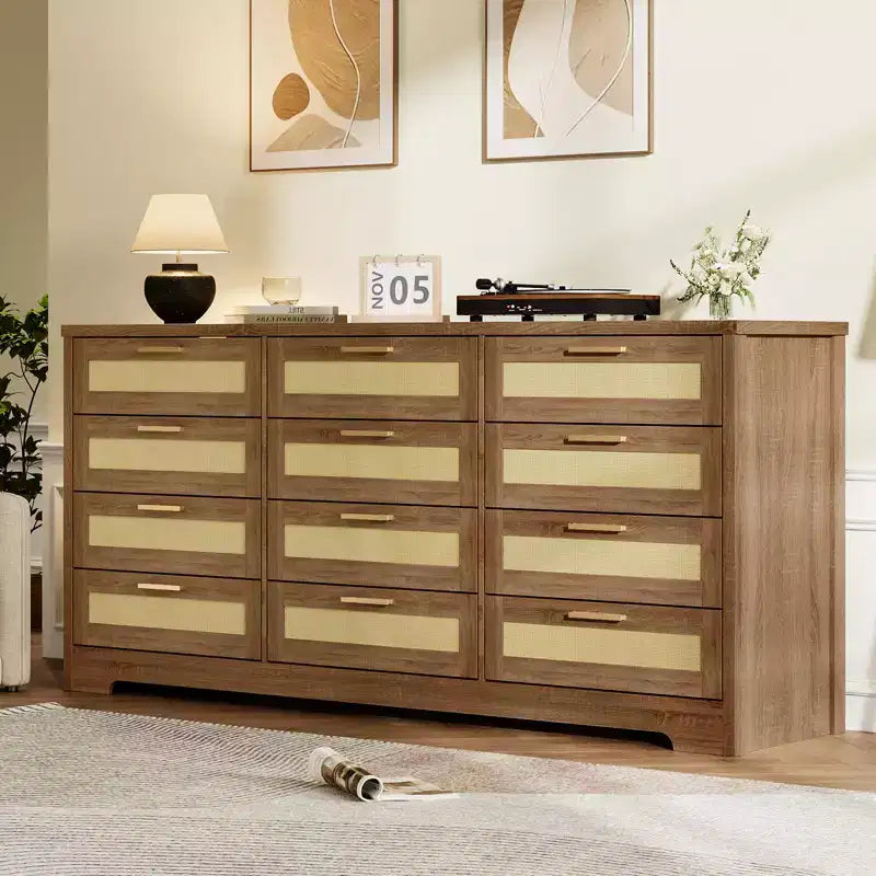 Cassettiera a 12 cassetti per camera da letto, cassettiera moderna in rattan, organizer in legno con cassetti e maniglie, per cameretta, ingresso, soggiorno