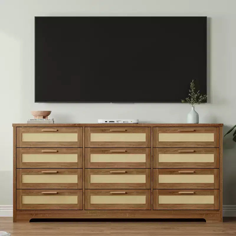 Cassettiera a 12 cassetti per camera da letto, cassettiera moderna in rattan, organizer in legno con cassetti e maniglie, per cameretta, ingresso, soggiorno