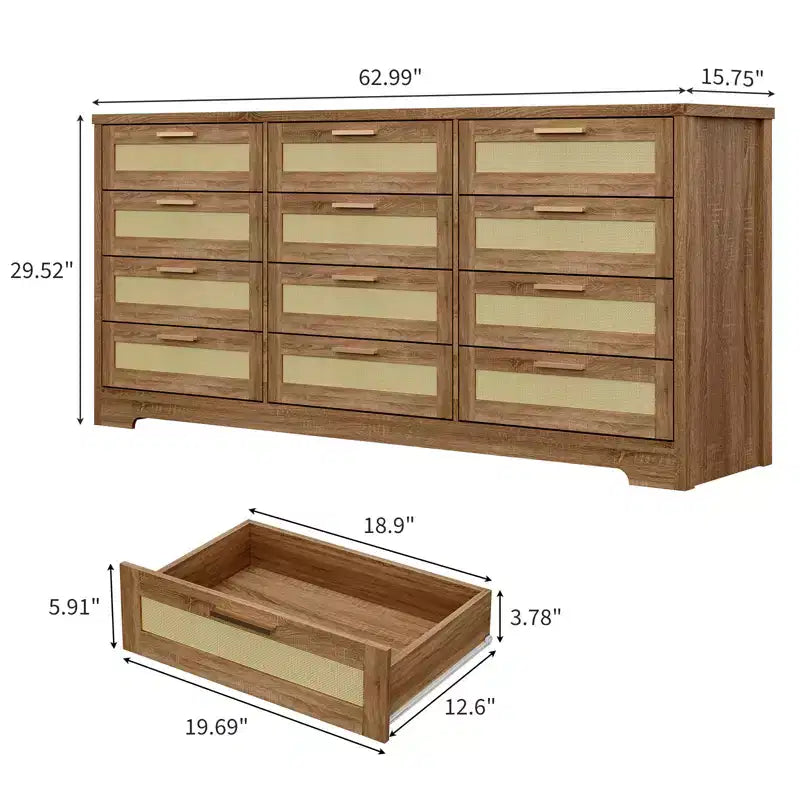 Cassettiera a 12 cassetti per camera da letto, cassettiera moderna in rattan, organizer in legno con cassetti e maniglie, per cameretta, ingresso, soggiorno