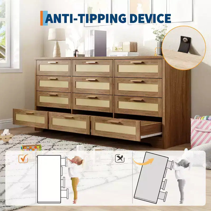 Cassettiera a 12 cassetti per camera da letto, cassettiera moderna in rattan, organizer in legno con cassetti e maniglie, per cameretta, ingresso, soggiorno