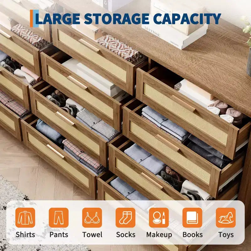 Cassettiera a 12 cassetti per camera da letto, cassettiera moderna in rattan, organizer in legno con cassetti e maniglie, per cameretta, ingresso, soggiorno