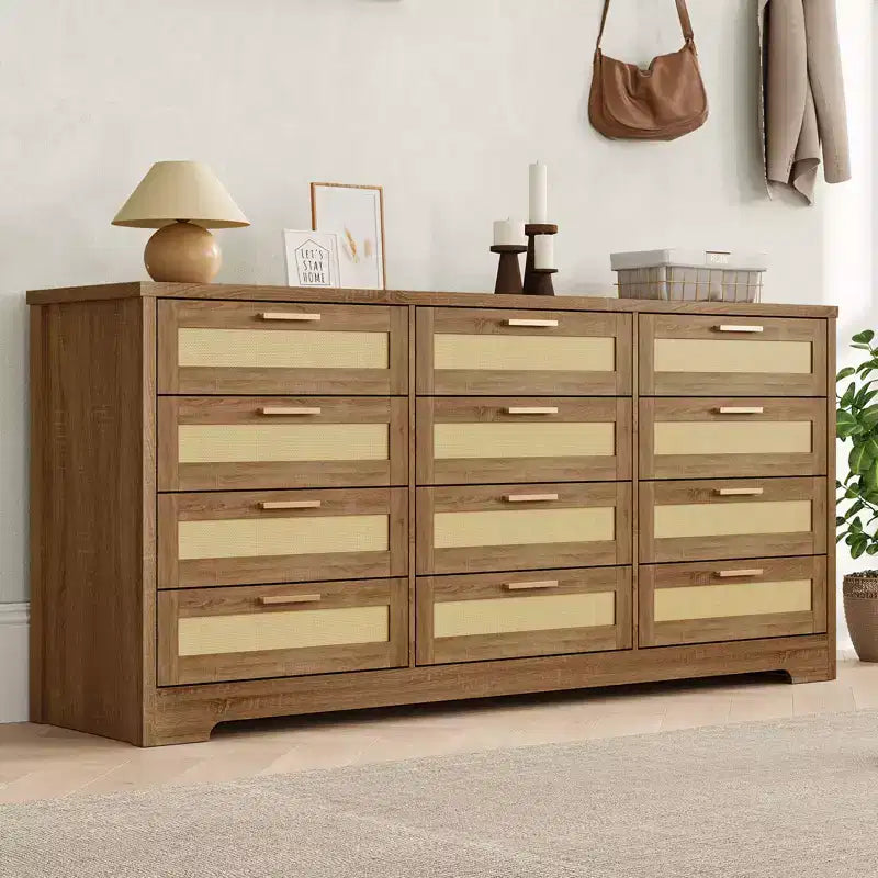 Cassettiera a 12 cassetti per camera da letto, cassettiera moderna in rattan, organizer in legno con cassetti e maniglie, per cameretta, ingresso, soggiorno