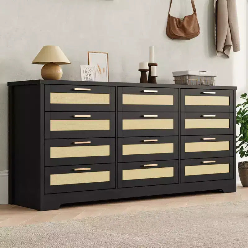 Cassettiera a 12 cassetti per camera da letto, cassettiera moderna in rattan, organizer in legno con cassetti e maniglie, per cameretta, ingresso, soggiorno