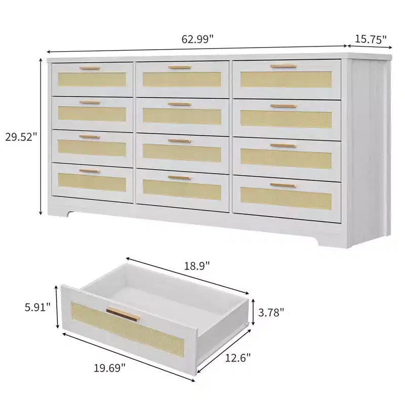 Cassettiera a 12 cassetti per camera da letto, cassettiera moderna in rattan, organizer in legno con cassetti e maniglie, per cameretta, ingresso, soggiorno