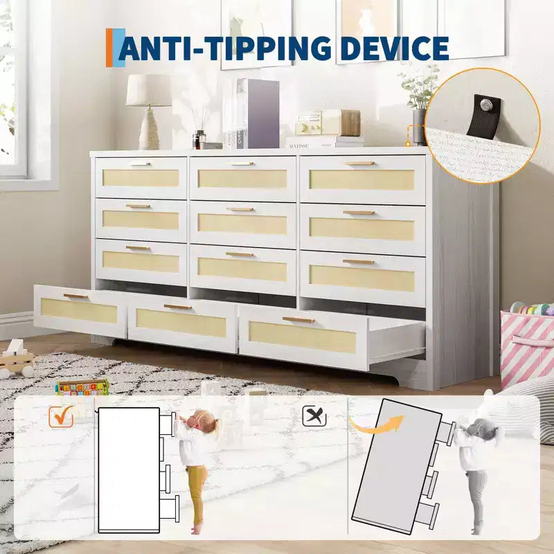 Cassettiera a 12 cassetti per camera da letto, cassettiera moderna in rattan, organizer in legno con cassetti e maniglie, per cameretta, ingresso, soggiorno