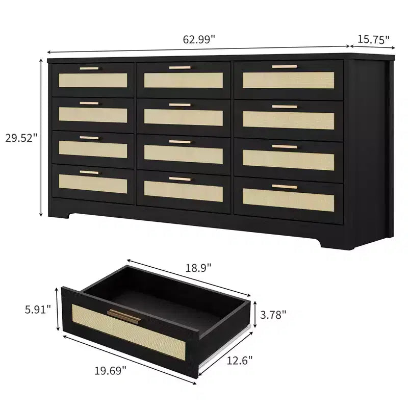 Cassettiera a 12 cassetti per camera da letto, cassettiera moderna in rattan, organizer in legno con cassetti e maniglie, per cameretta, ingresso, soggiorno