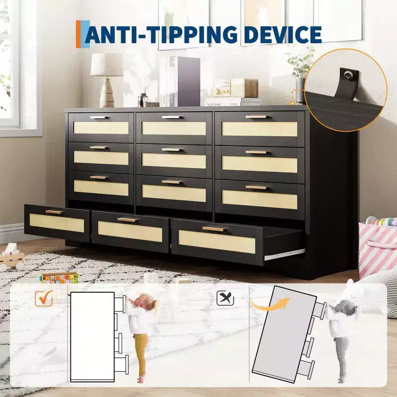Cassettiera a 12 cassetti per camera da letto, cassettiera moderna in rattan, organizer in legno con cassetti e maniglie, per cameretta, ingresso, soggiorno