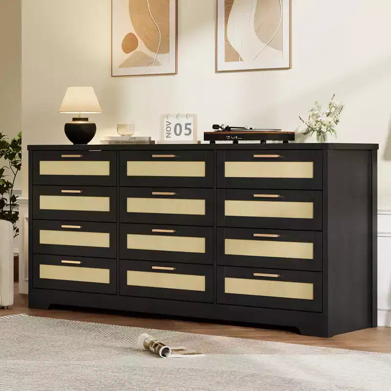 12 Drawer Dresser for Bedroom, Modern Rattan Chest of Drawers, Wood Storage Organizer with Drawers and Handles, for Nursery, Entryway, Living Room
