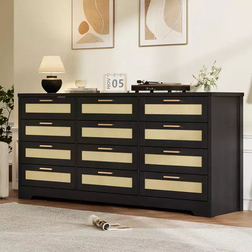 12 Drawer Dresser for Bedroom, Modern Rattan Chest of Drawers, Wood Storage Organizer with Drawers and Handles, for Nursery, Entryway, Living Room