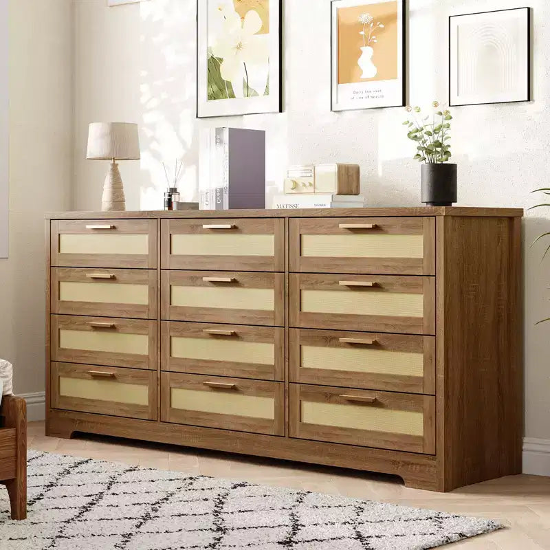 Cassettiera a 12 cassetti per camera da letto, cassettiera moderna in rattan, organizer in legno con cassetti e maniglie, per cameretta, ingresso, soggiorno
