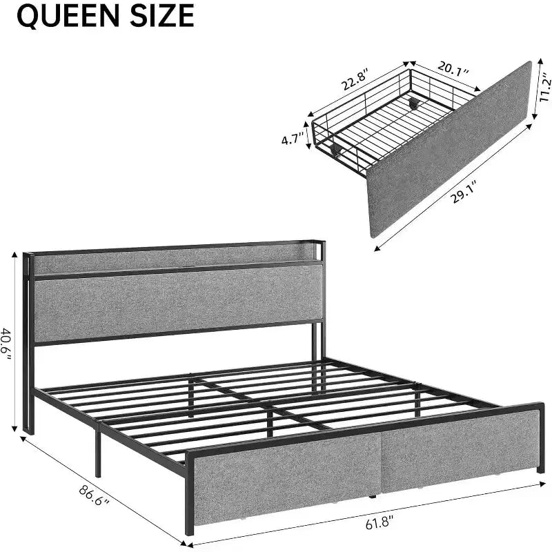 King Bed Frame with 2 Storage Drawer, Upholstered Platform Bed with Headboard, USB Port & Outlets, No Box Spring Bed, Easy Assemble