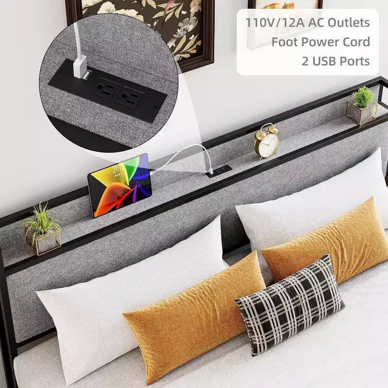 King Bed Frame with 2 Storage Drawer, Upholstered Platform Bed with Headboard, USB Port & Outlets, No Box Spring Bed, Easy Assemble