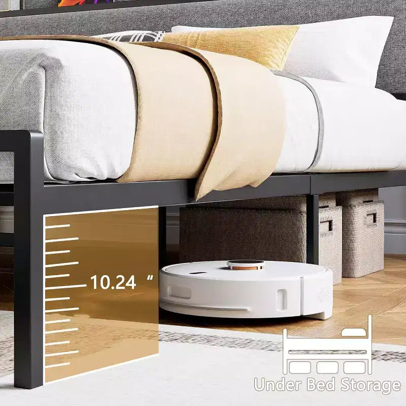 King Bed Frame with 2 Storage Drawer, Upholstered Platform Bed with Headboard, USB Port & Outlets, No Box Spring Bed, Easy Assemble