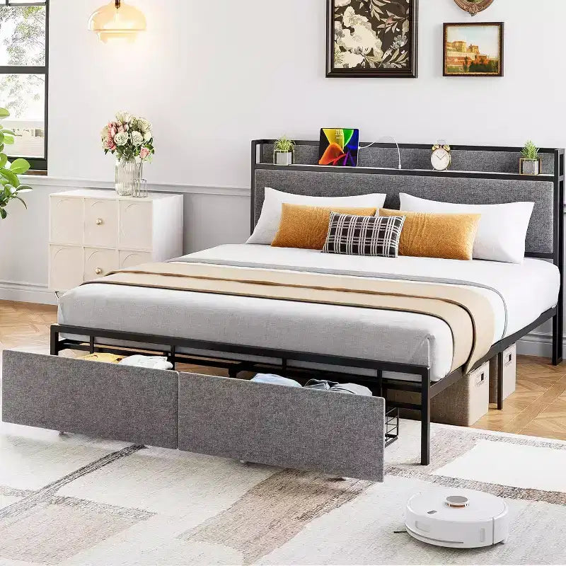 King Bed Frame with 2 Storage Drawer, Upholstered Platform Bed with Headboard, USB Port & Outlets, No Box Spring Bed, Easy Assemble