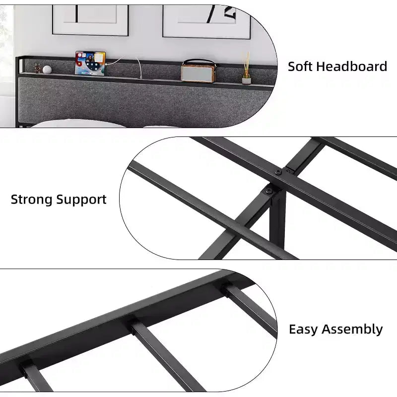 King Bed Frame with 2 Storage Drawer, Upholstered Platform Bed with Headboard, USB Port & Outlets, No Box Spring Bed, Easy Assemble
