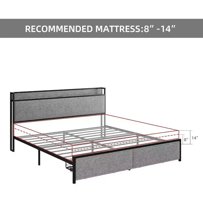 King Bed Frame with 2 Storage Drawer, Upholstered Platform Bed with Headboard, USB Port & Outlets, No Box Spring Bed, Easy Assemble