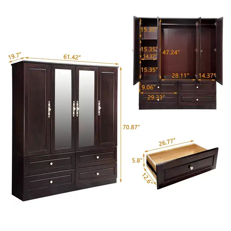 61.42" Brownish Black Wood Armoire with 4 Drawers, 2 Mirrors, Hanging Rod and Shelves