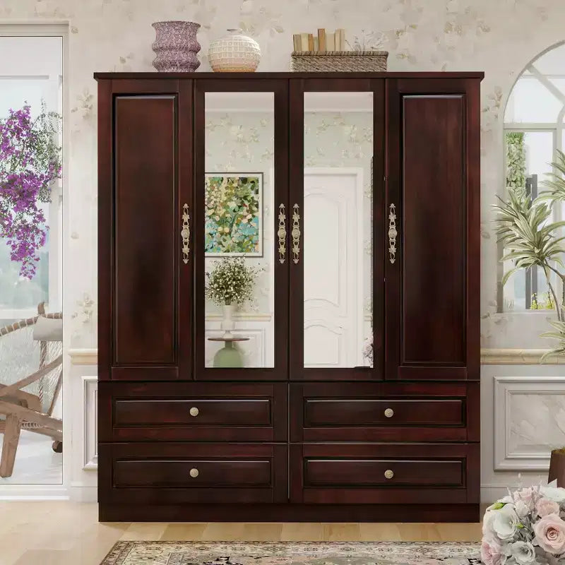 61.42" Brownish Black Wood Armoire with 4 Drawers, 2 Mirrors, Hanging Rod and Shelves