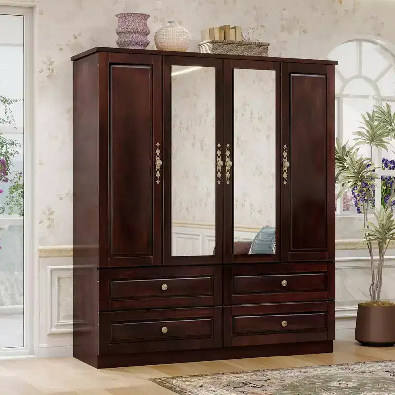 61.42" Brownish Black Wood Armoire with 4 Drawers, 2 Mirrors, Hanging Rod and Shelves