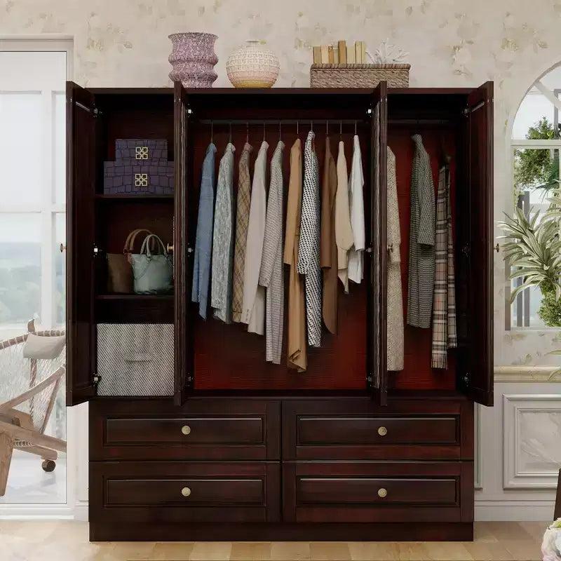 61.42" Brownish Black Wood Armoire with 4 Drawers, 2 Mirrors, Hanging Rod and Shelves