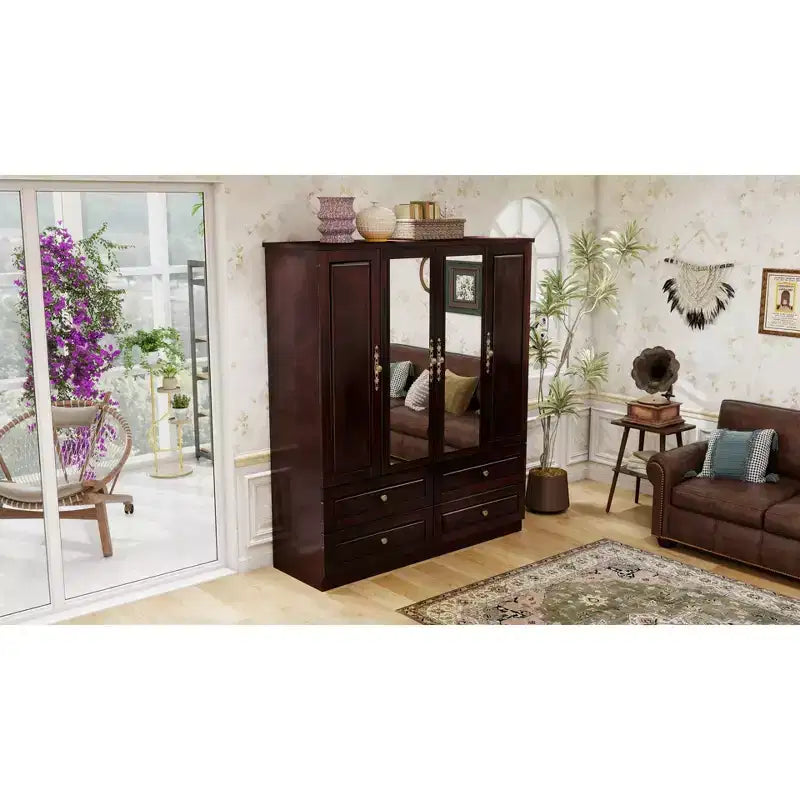 61.42" Brownish Black Wood Armoire with 4 Drawers, 2 Mirrors, Hanging Rod and Shelves