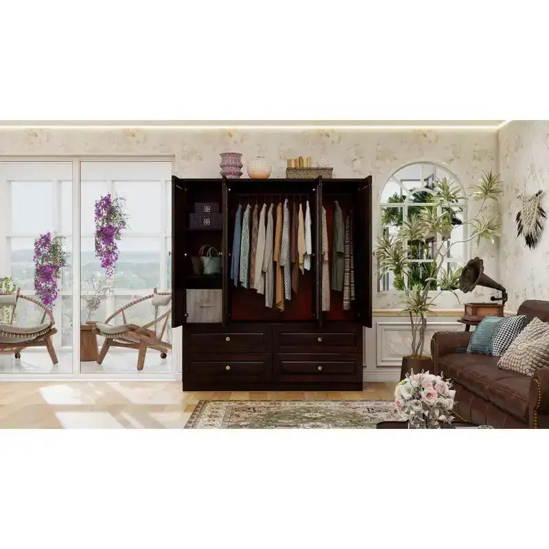 61.42" Brownish Black Wood Armoire with 4 Drawers, 2 Mirrors, Hanging Rod and Shelves