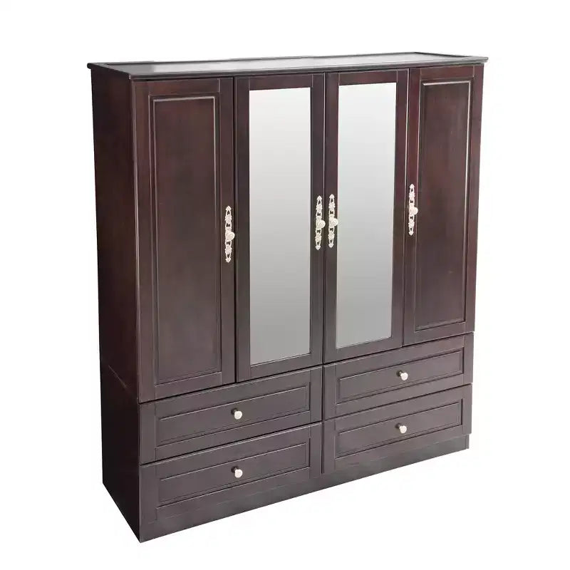 61.42" Brownish Black Wood Armoire with 4 Drawers, 2 Mirrors, Hanging Rod and Shelves