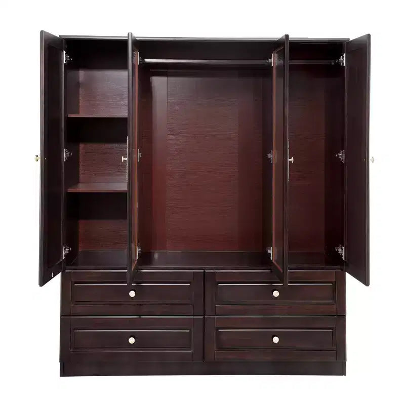 61.42" Brownish Black Wood Armoire with 4 Drawers, 2 Mirrors, Hanging Rod and Shelves