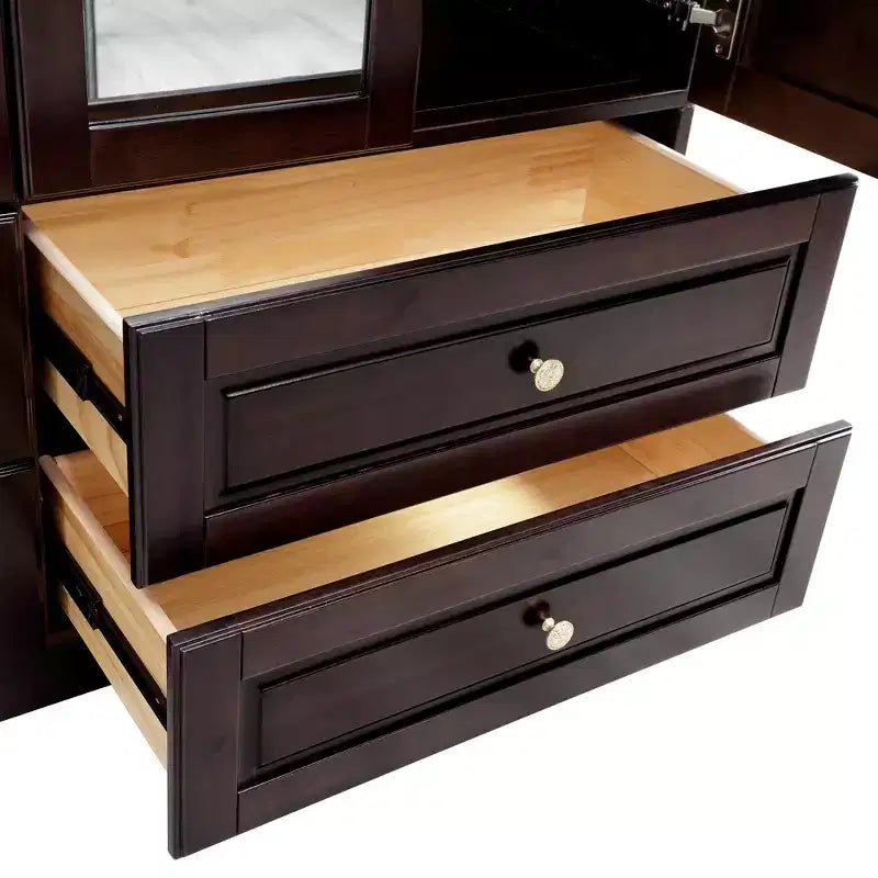 61.42" Brownish Black Wood Armoire with 4 Drawers, 2 Mirrors, Hanging Rod and Shelves