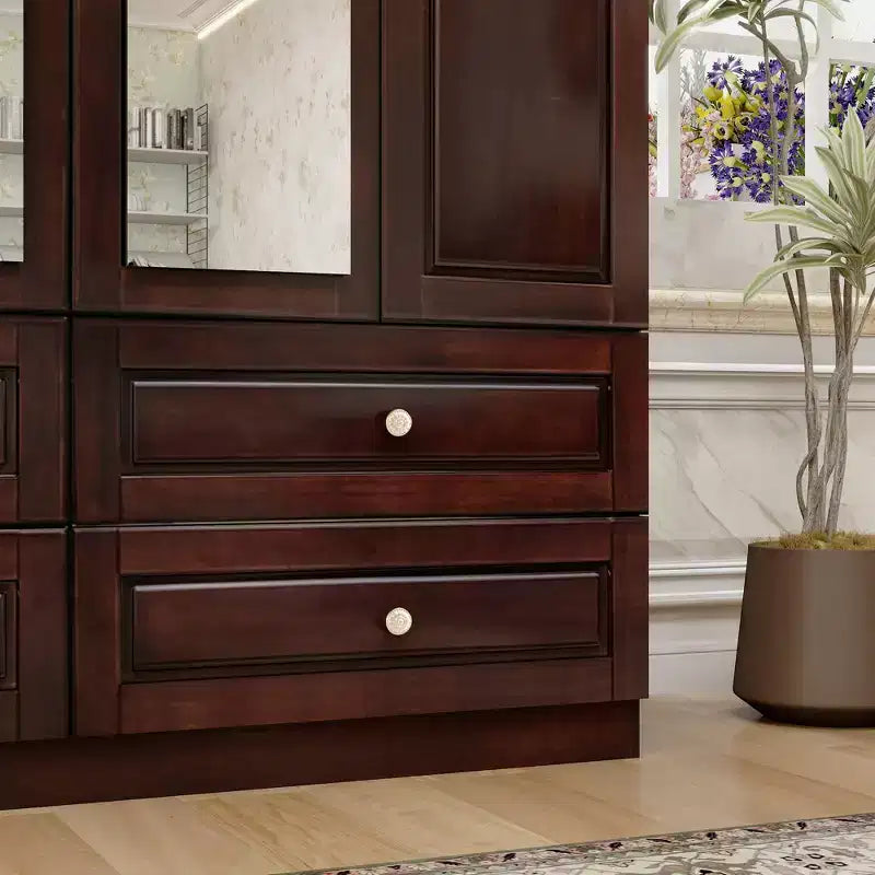 61.42" Brownish Black Wood Armoire with 4 Drawers, 2 Mirrors, Hanging Rod and Shelves