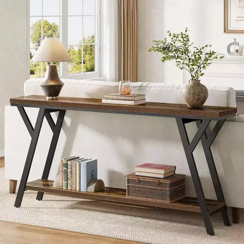70.9" Narrow Industrial Console Table - 2-Tier Sofa Table for Hallway and Living Room