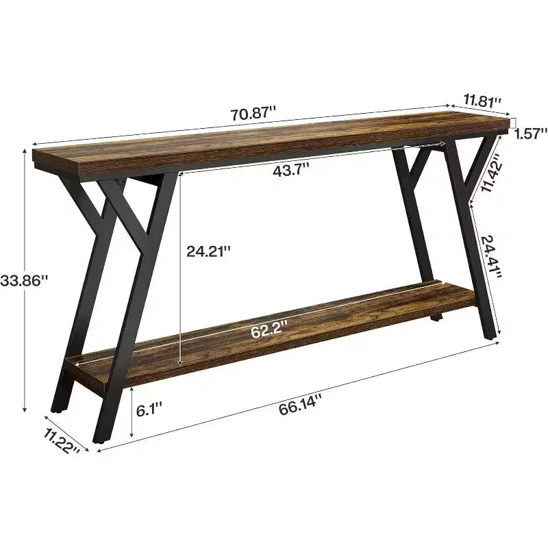 70.9" Narrow Industrial Console Table - 2-Tier Sofa Table for Hallway and Living Room