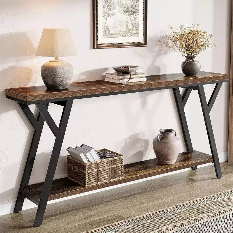 70.9" Narrow Industrial Console Table - 2-Tier Sofa Table for Hallway and Living Room