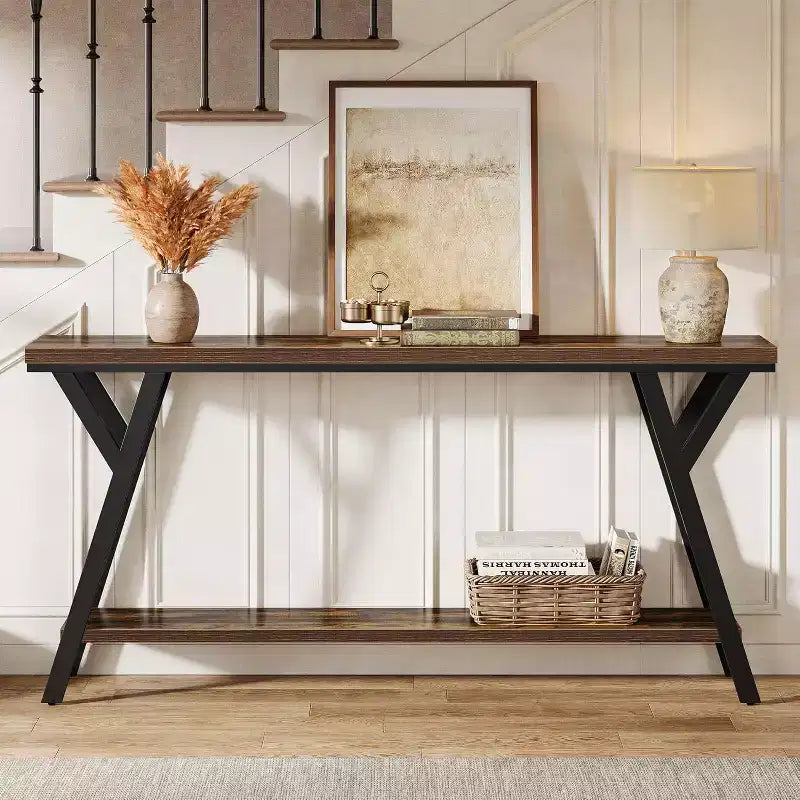 70.9" Narrow Industrial Console Table - 2-Tier Sofa Table for Hallway and Living Room