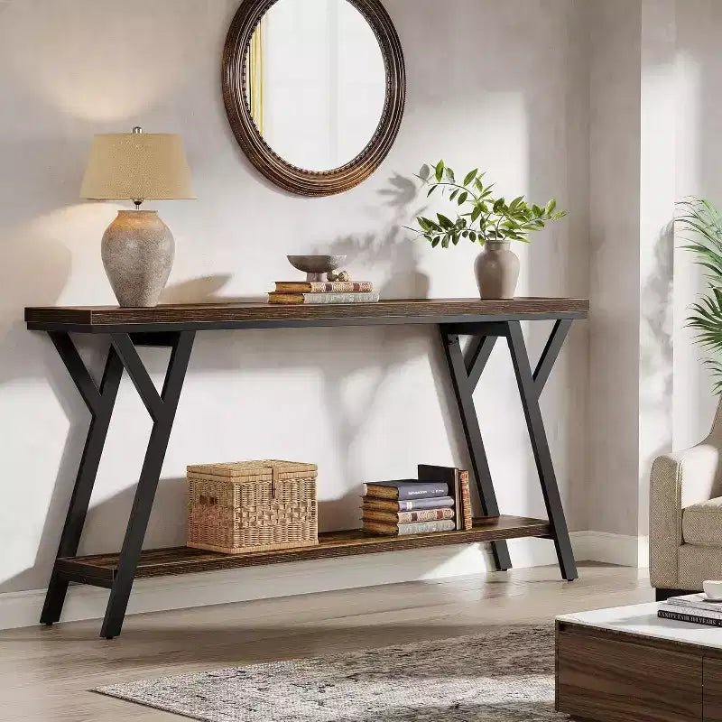 70.9" Narrow Industrial Console Table - 2-Tier Sofa Table for Hallway and Living Room