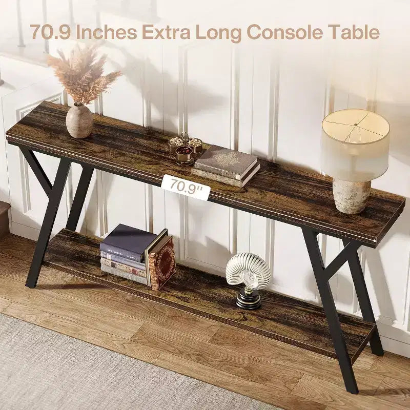 70.9" Narrow Industrial Console Table - 2-Tier Sofa Table for Hallway and Living Room