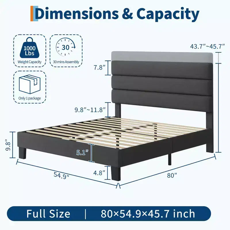 Heavy Duty Bed Frame with Adjustable Headboard, Fabric Upholstered and Wooden Slats Support, No Box Spring Needed