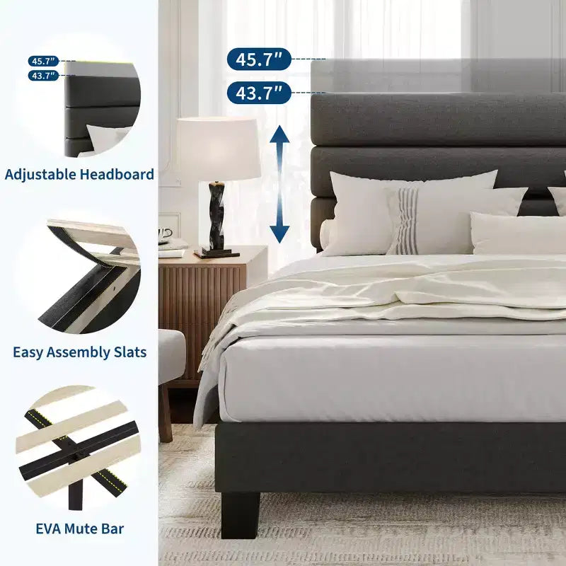 Heavy Duty Bed Frame with Adjustable Headboard, Fabric Upholstered and Wooden Slats Support, No Box Spring Needed