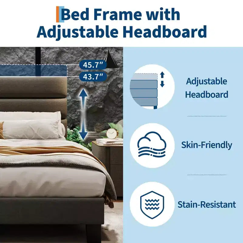 Heavy Duty Bed Frame with Adjustable Headboard, Fabric Upholstered and Wooden Slats Support, No Box Spring Needed