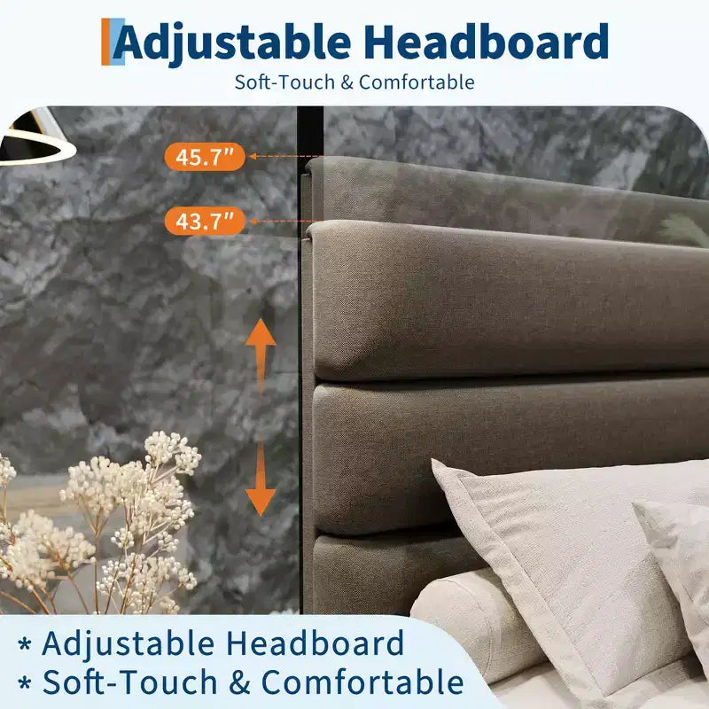 Heavy Duty Bed Frame with Adjustable Headboard, Fabric Upholstered and Wooden Slats Support, No Box Spring Needed