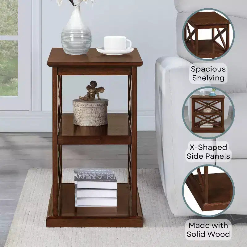 25" Brown Wood Rectangle End Table with 2-Tier Shelving