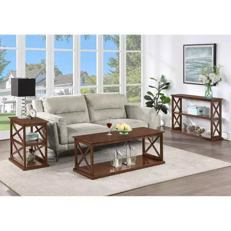 25" Brown Wood Rectangle End Table with 2-Tier Shelving
